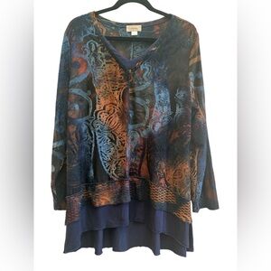 Lagenlook Artwear Tunic Top Kamana XL Blue Copper Textured High Low Boutique